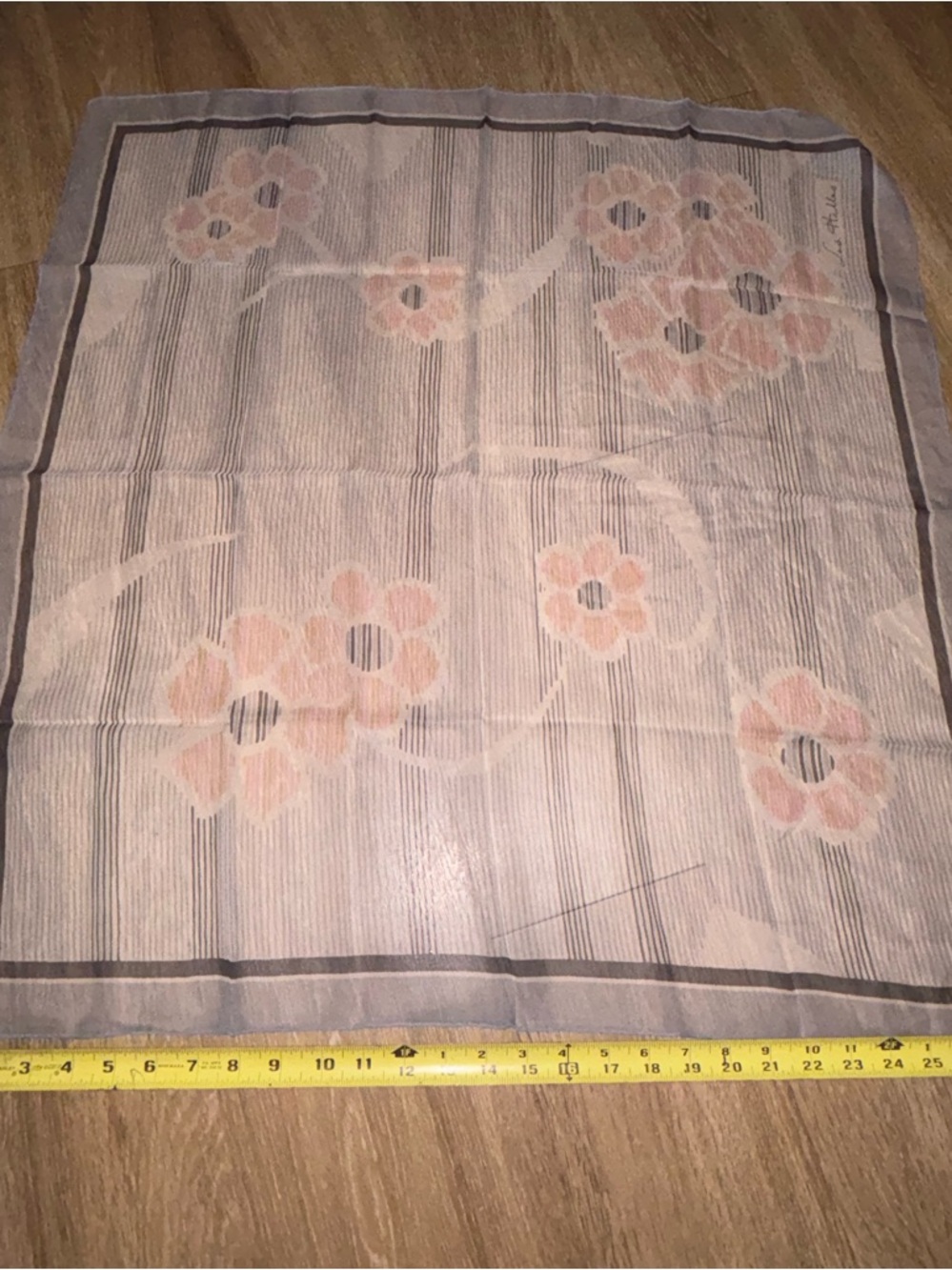 Vintage Les Halles Silk Scarf - Pink Floral Print on Sheer Gray Stripes